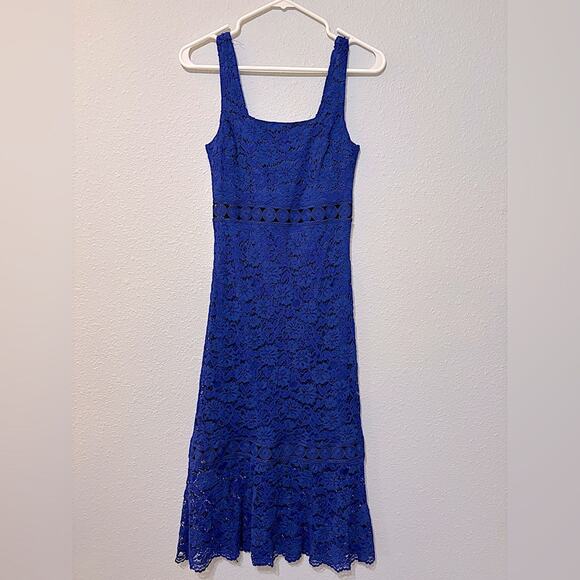 Lulus Vibrant Life Cobalt Blue Lace Trumpet Hem Square Neck Midi Dress XS - Picture 2 of 7
